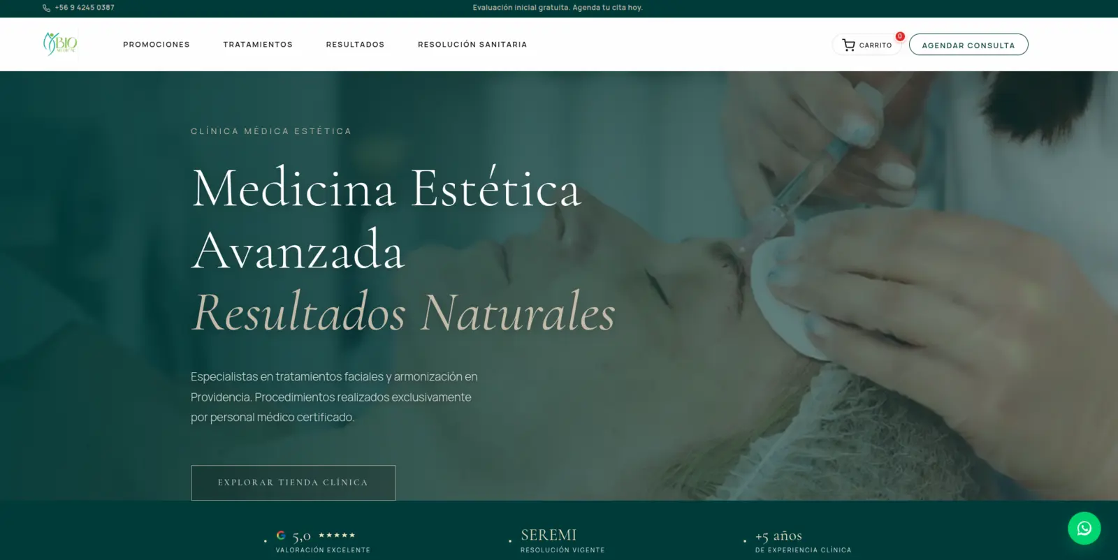Página principal desarrollada para BioMedicLTH, con propuesta clínica, navegación y acceso a tienda.