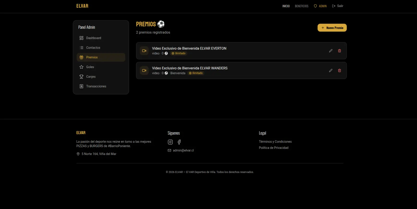 Panel de premios configurados dentro de ELVAR Rewards.