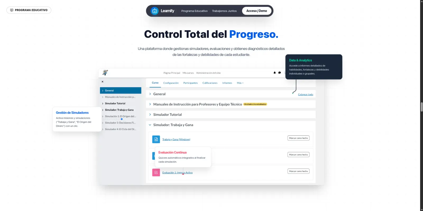 Plataforma LMS de Learnify con simuladores, evaluaciones y recursos para colegios.